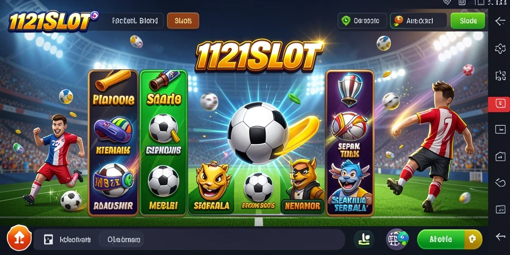 Screenshot utama 1121SLOT dengan gameplay seru dan tema sepak bola.