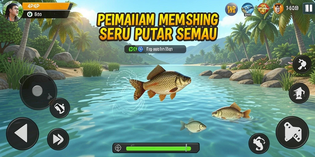 Gameplay seru menangkap ikan di 4P4P dengan panorama indah.