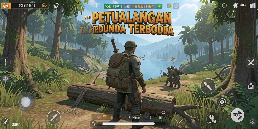 Screenshot gameplay 55RT menampilkan karakter menjelajah dunia terbuka yang kaya.