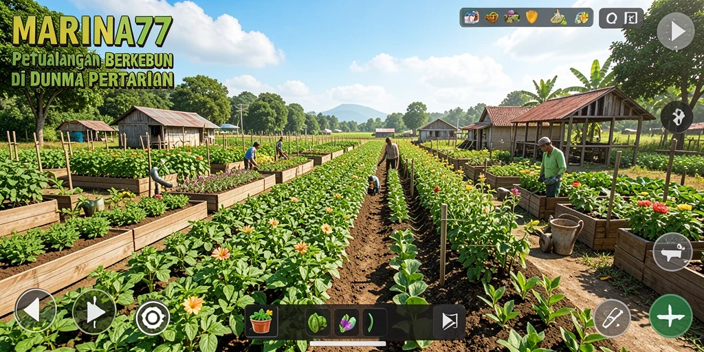 Screenshot gameplay MARINA77 dengan ladang subur dan tanaman hijau.