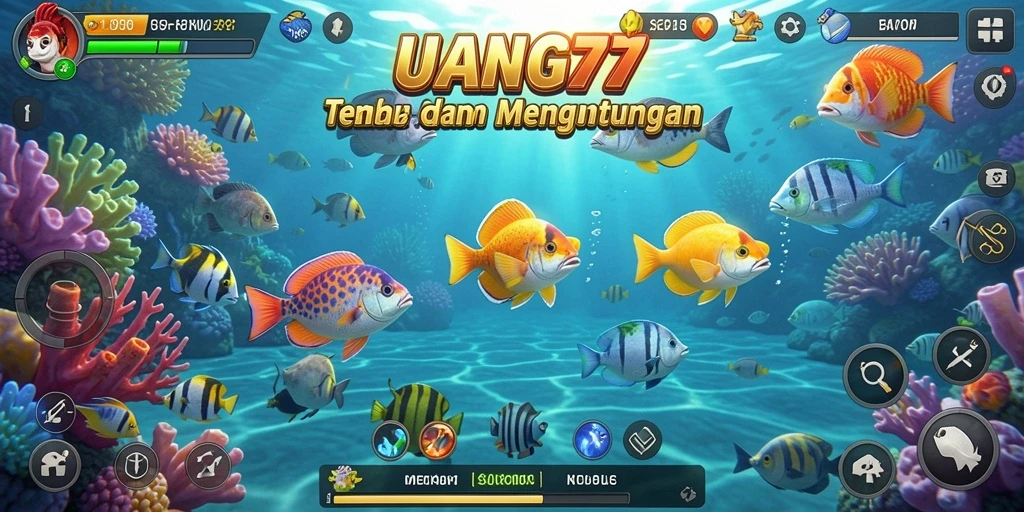 Screenshot gameplay UANG77 menampilkan suasana menembak ikan yang dinamis.