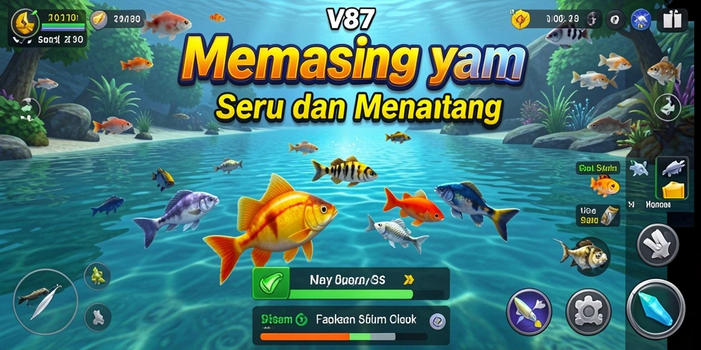 Gameplay V87 menampilkan keseruan memancing yang menantang.