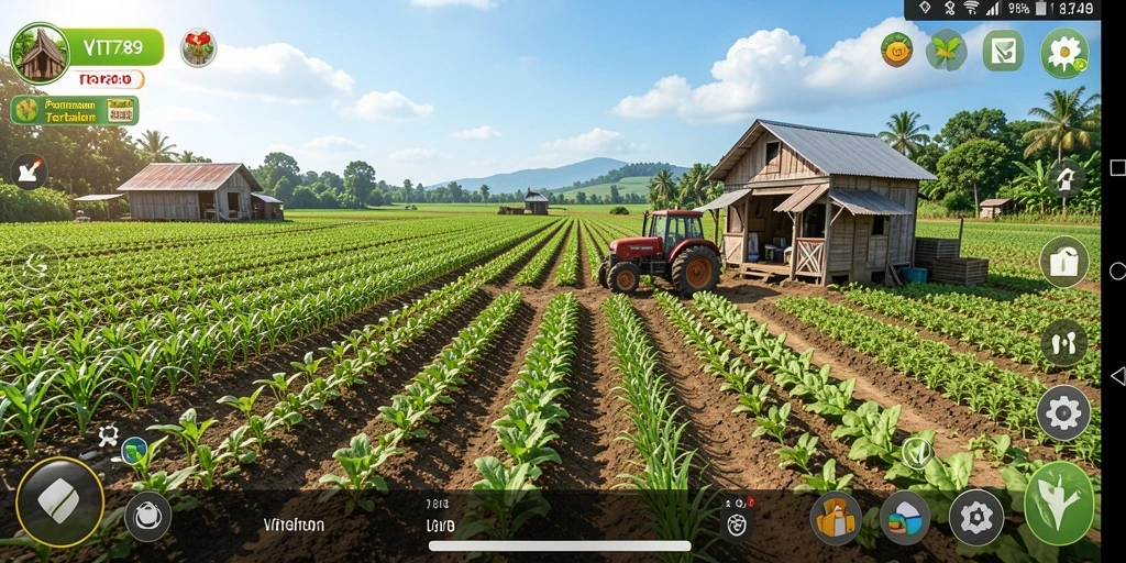 Screenshot gameplay VT789 yang menunjukkan aktivitas bertani yang menyenangkan.